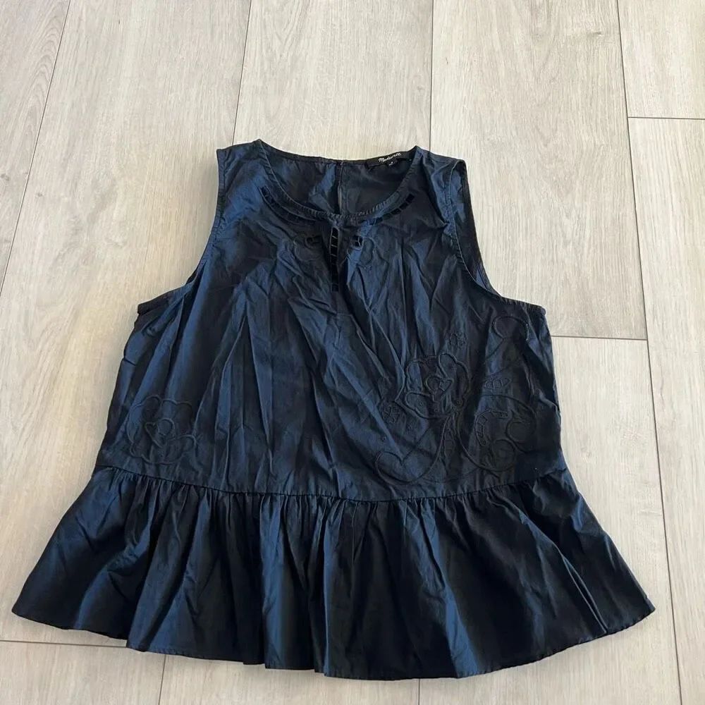 Madewell Womens Embroidered Peplum Tank Top Sz  S Black Preppy Cotton Blouse